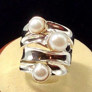 Sterling Silver White Pearl Ring Israel Designer Signed HG 7.2g Size 6